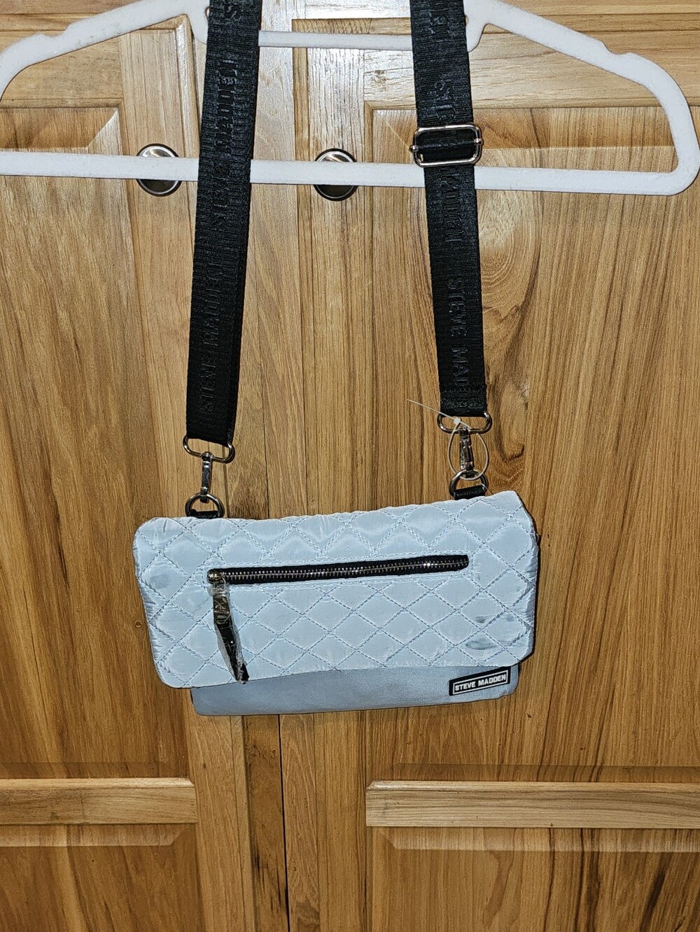 Steve Madden Light Blue Quilted Crossbody Bag with Black Strap